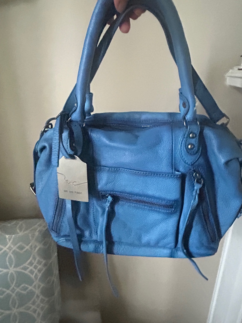 🔥We The Free Blue Leather Santorini Shoulder Bag Baby Emerson Tote Free Prople